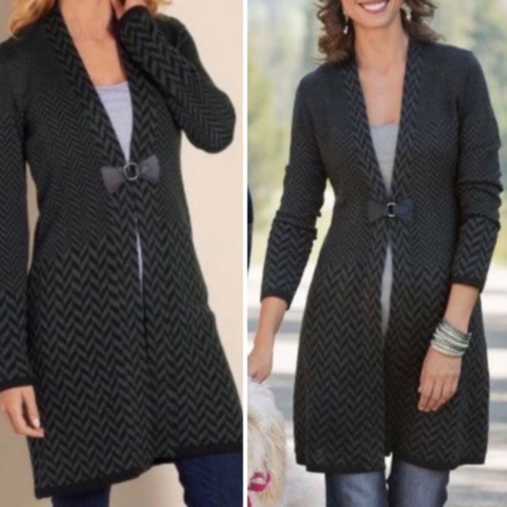 Soft Surroundings Long Chevron Knit Cardigan in Charcoal Black